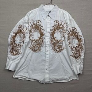 Empra Mens 3XL White Long Sleeve Button Down Shirt Gold Baroque Embroidery